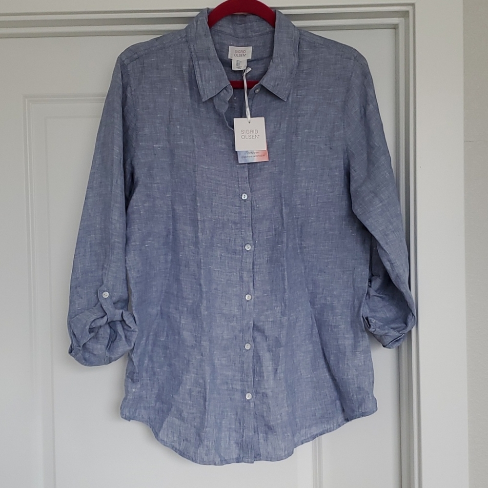 NWT Sigrid OlsenLight Blue Linen Button Down Shirt